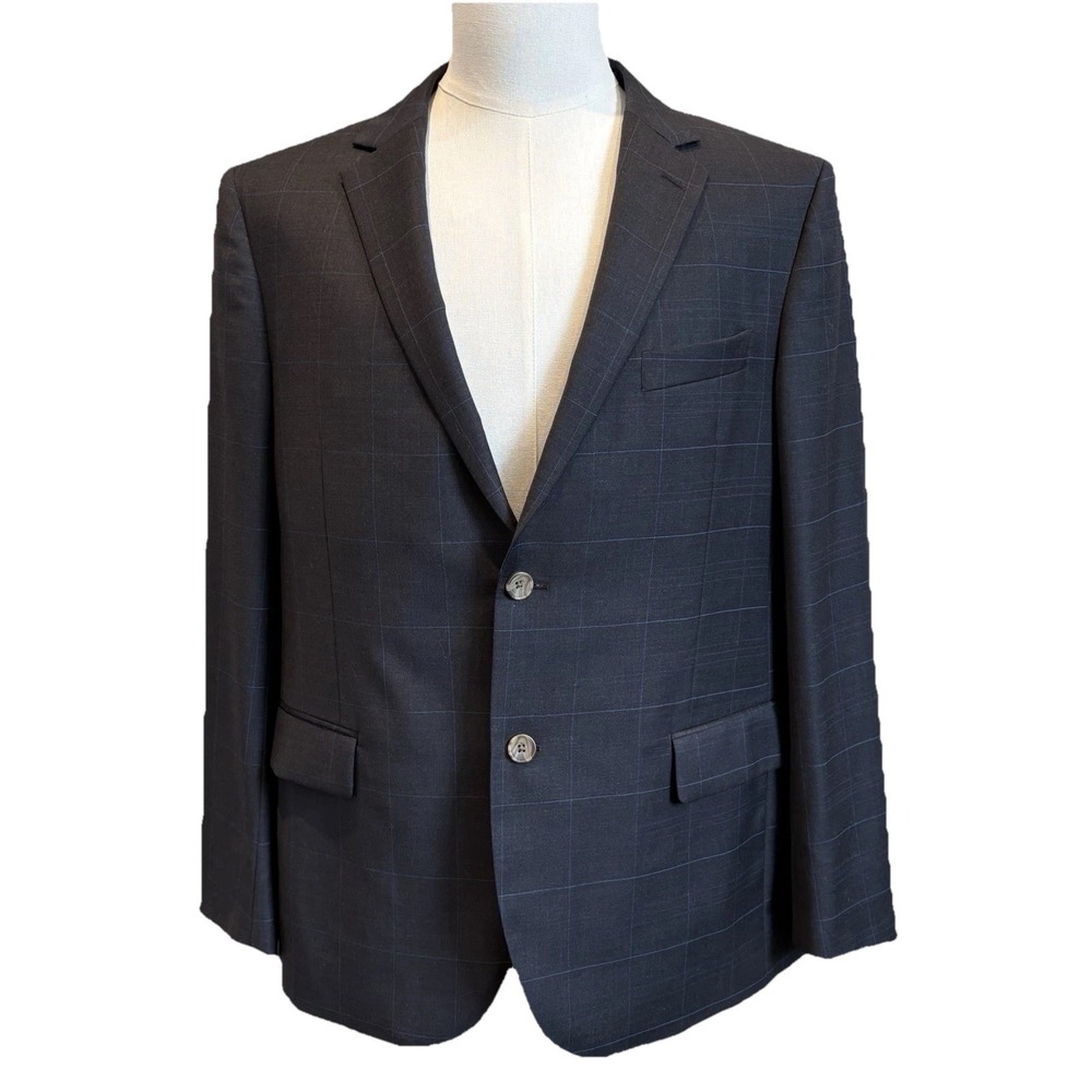 Indochino Blazer 44S Charcoal Grey Blue Windowpane Plaid Wool Suit Jacket Modern